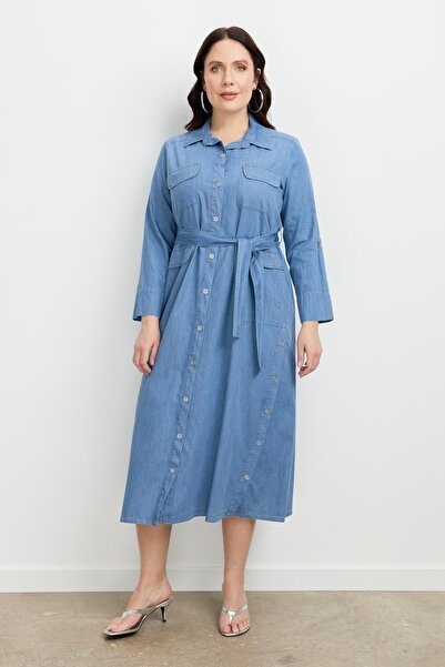 accort Büyük Beden Kuşaklı Uzun Kot Elbise-MAVİ