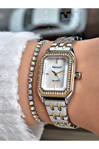 Ferrucci Ferrucci̇ White Dial Stone Square Gold Silver Metal Women's Watch