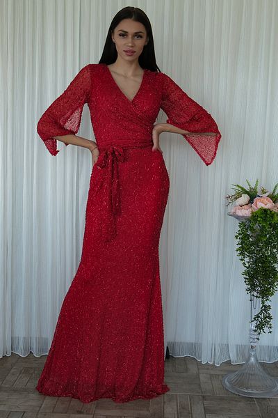 Feminist V Neck Sequin Long Sleeve Evening Dress Red 1106014