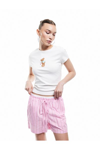 Koton Crew Neck Short Sleeve Teddy Bear Printed T-Shirt