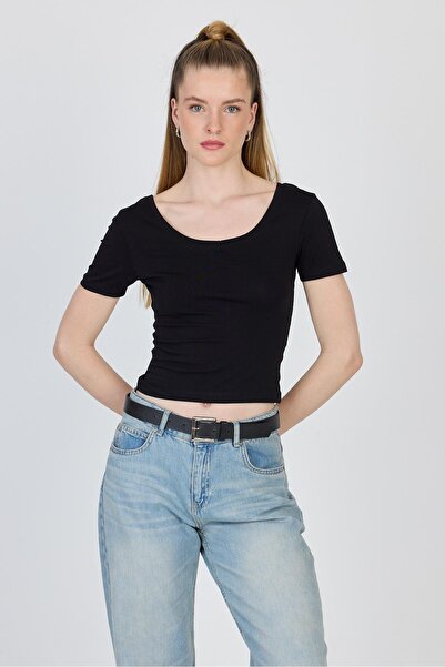 Rays تي شيرت أسود بياقة على شكل حرف U من القطن بقصة ضيقة 9186M