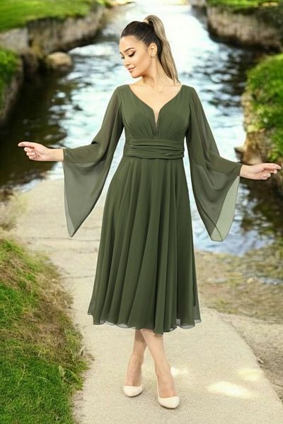 FaBe Fashion Long Flounce Sleeve Heart Neck Waist Shirred Midi White Chiffon Dress Wedding-Engagement-Promise-Outdoor Shooting