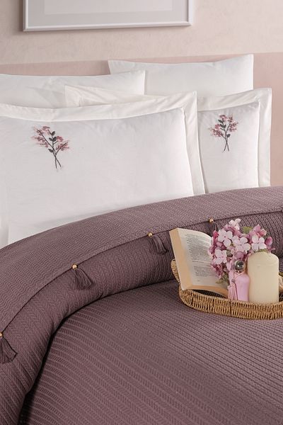 Marka Newhome Double Fringed Hand Embroidered 100% Cotton Luxury Pique Set Plum