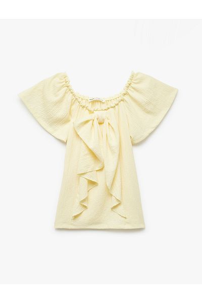 Koton Wrap-Around Fabric Bow Off-The-Shoulder Ruffle Short Sleeve Blouse