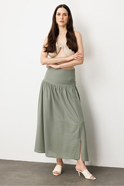 accort Korsajlı Büzgülü Uzun Etek-HAKİ