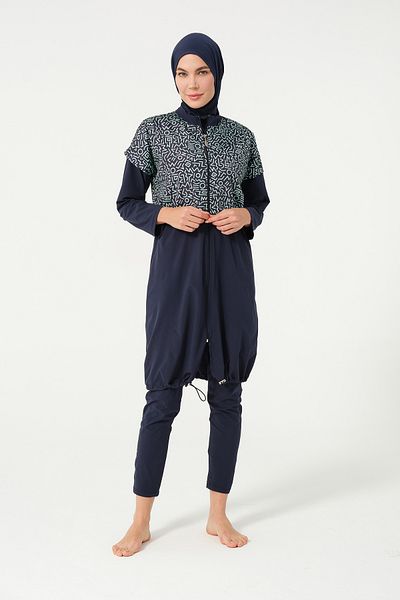 TESMAY Crop Detailed Sports Full Covered Hijab Swimsuit 3015-25 Dark Navy Blue