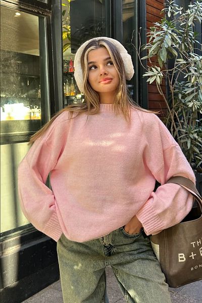 Tarz Cool Pink Crew Neck Oversize Knitwear Sweater