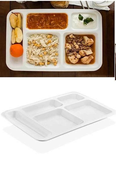 Toptan Bulurum 10 Pieces 5 Compartment Unbreakable Table D'Hote Plate Self-Service Dining Hall School Diner Table D'Hôte (40 cm X28 cm)