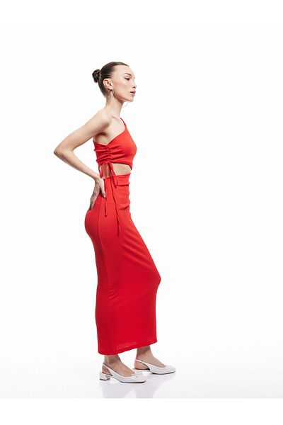 Koton Asymmetrical One Shoulder Window Detailed Midi Dress Wrinkled