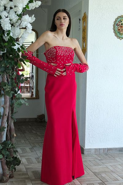 Feminist Double Crepe Strapless Sleeve and Top Stone Detailed Evening Dress Red 1302305