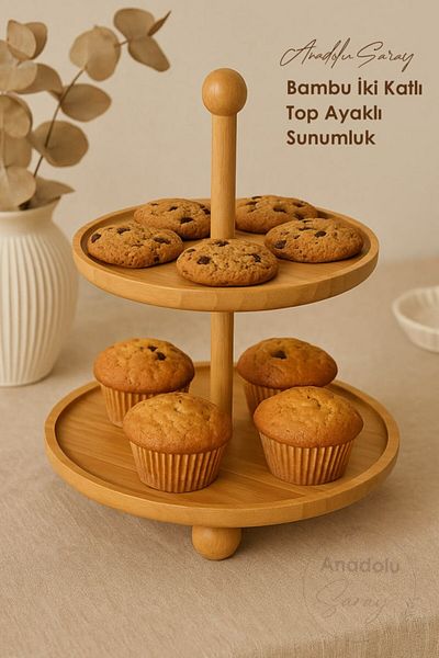 Anadolu Saray Bamboo Two-Layer Ball Footed Presentation Stand |   Natural Wooden Presentation Tray Cake Cookie Serving Stand