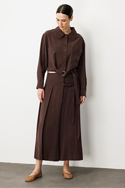 accort Pileli Kuşaklı Uzun Etek-KAHVE