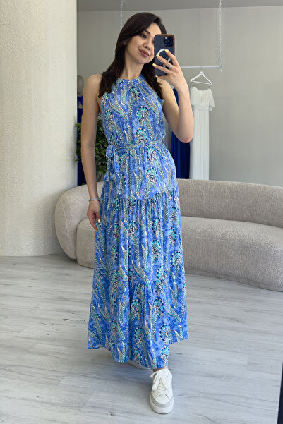 zks grup tekstil Rochie de vară cu guler cu șalter cu modele etnice pentru femei, fucsia, albastru