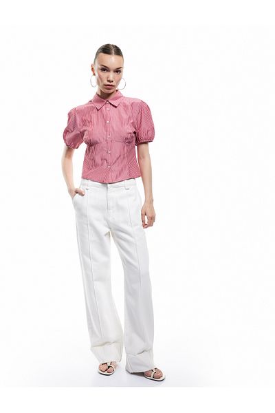 Koton Classic Lapel Button Slim Fit Short Balloon Sleeve Striped Shirt