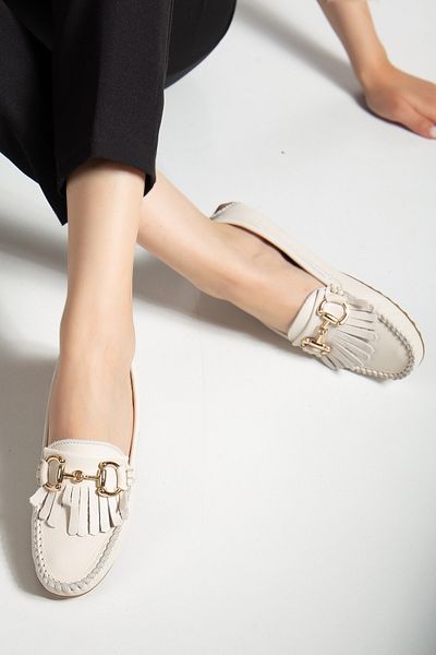 ANALİN SHOES Γυναικεία Γνήσια Δερμάτινη Πόρπη Classic Loafer - Κρέμα