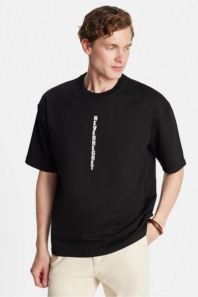 Tudors Ανδρικό μπλουζάκι Oversize Φαρδύ Βαμβακερό εμπριμέ με λαιμόκοψη μαύρο
