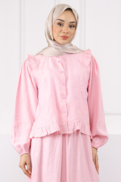 İmajButik Pink Ruffled Shirt Skirt Set