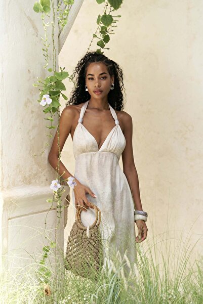 BOHEMAİ Bahirfiyon Bağlamalı Boncuk Detaylı Bej Uzun Elbise