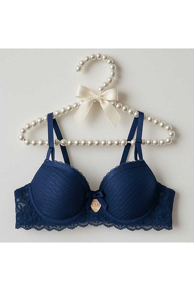 gigigiyim Unpadded Satin Detail Lace C Cup Bra Navy Blue