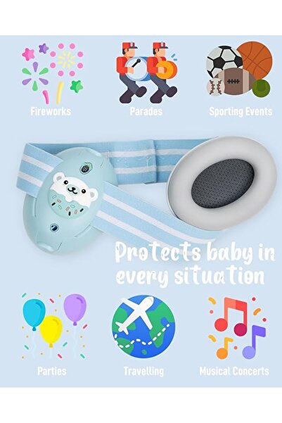 WePro Store Chrániče sluchu 2 v 1 pro miminka 3-48 měsíců, elastický čelenka, ochrana sluchu, potlačení hluku 25 dB, modrý medvídek