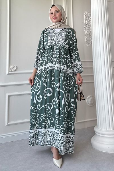 InStyle Curved Spiral Pattern Green Viscose Dress