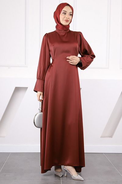 İmajButik Βραδινό φόρεμα μπορντό με μανικετόκουμπα και ζώνη μέσης
