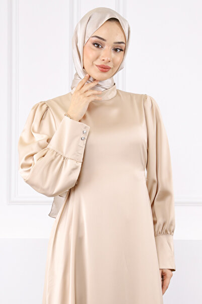 İmajButik Μπεζ βραδινό φόρεμα με μανικετόκουμπα και ζώνη σατέν