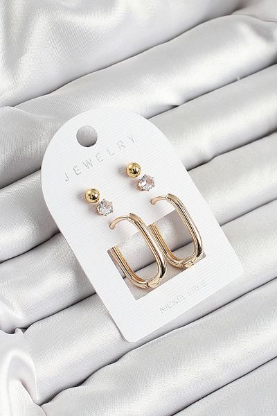 Clariss Gold Color 3-Piece Double Women's Earring Set with Brass Zircon Stone and Rectangular Figure