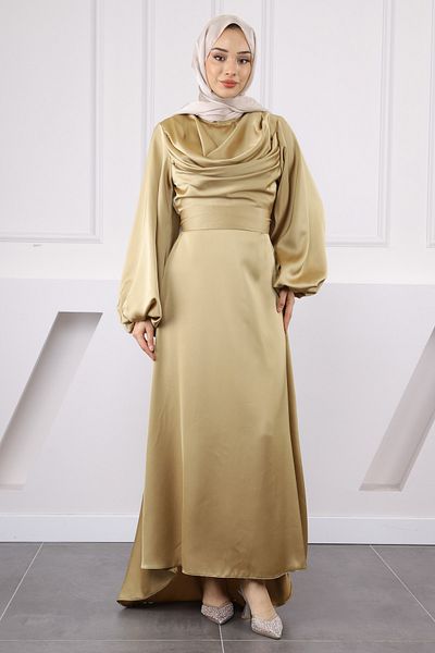 İmajButik Βραδινό φόρεμα με λαδί πράσινο μπαλόνι μανίκι σατέν