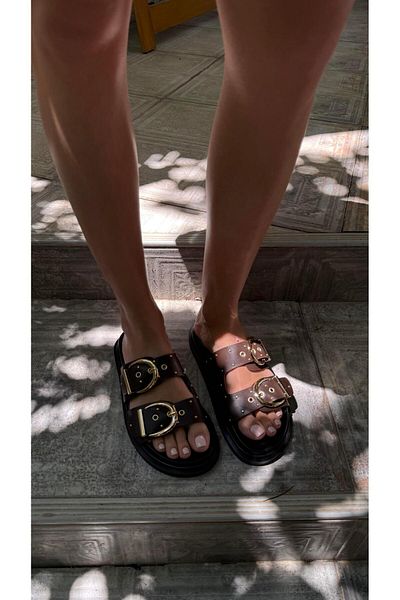 Eataly Shoes Thick Double Striped Light Brown Women's Slippers