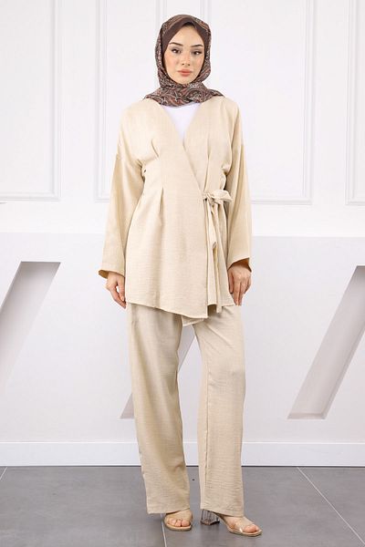 İmajButik Beige Cross Tied Linen Kimono Pants Set