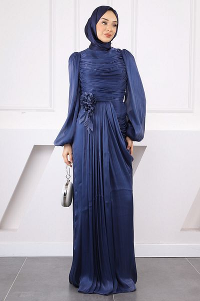 İmajButik Βραδινό φόρεμα με μπλε ναυτικό μπλε μπροστινό ντραπέ με λεπτομέρεια τριαντάφυλλου