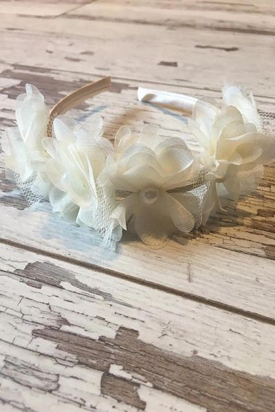 Limelia 7 Flowers Cream Colored Satin Coated Girl's Food Party and Special Day Crown