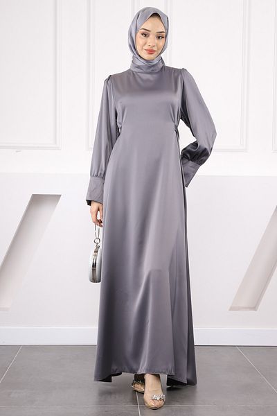 İmajButik Γκρι βραδινό φόρεμα με μανικετόκουμπα και ζώνη μέσης