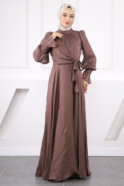 İmajButik Βραδινό φόρεμα με λεπτομέρεια με μανίκια με πλαϊνό δέσιμο Koyuv Mink