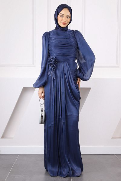 İmajButik Βραδινό φόρεμα με μπλε ναυτικό μπλε μπροστινό ντραπέ με λεπτομέρεια τριαντάφυλλου