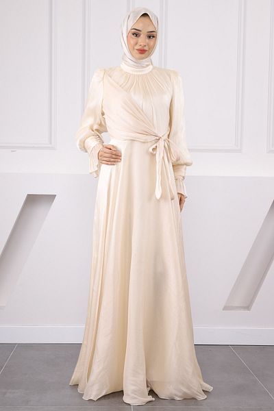İmajButik Βραδινό φόρεμα με λεπτομέρεια με κρεμ πλαϊνό δέσιμο
