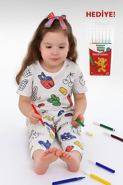 e-çocuk Set pijamale pentru copii cu mâneci scurte, colorabile, cu pix personalizat 012X