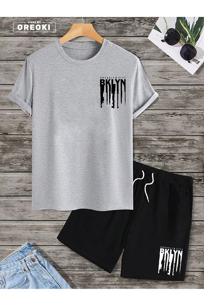 EFFRENATU Bklyn Printed Cotton Fabric Men's Gray T-Shirt- Black Shorts Set