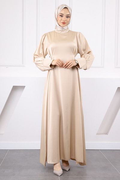 İmajButik Μπεζ βραδινό φόρεμα με μανικετόκουμπα και ζώνη σατέν