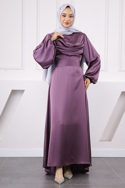 İmajButik Μωβ Σατέν Βραδινό Φόρεμα με μπαλόνι μανίκι