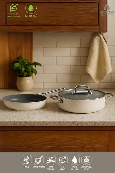 Amboss 3 Piece Greenhouse Practical Fireproof Non-Stick Ceramic Oblate Pot Pan Set 26 cm – White