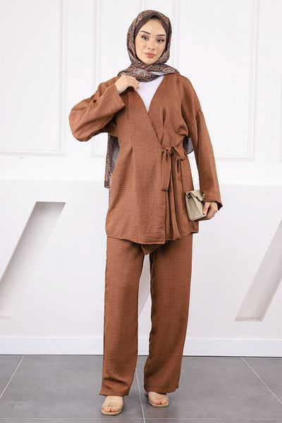 İmajButik Σετ παντελονιού κιμονό από λινό καφέ σταυρό