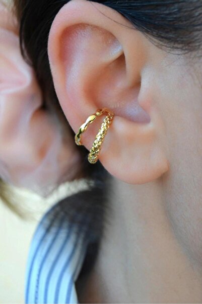 Sacce Scarves&Accessories İki Sıralı Earcuff | Deliksiz Antik Kıkırdak Küpesi | Rodyum Kaplama Şık Model