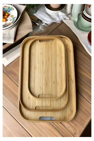 ROYALGROSS Natural Bamboo Rectangular Serving Tray Set - 3 Pieces