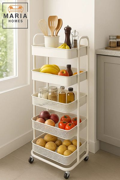 MARIA HOMES 5-Tier Rolling Storage Cart – White Metal Wheels for Home, Office, Kitchen Use