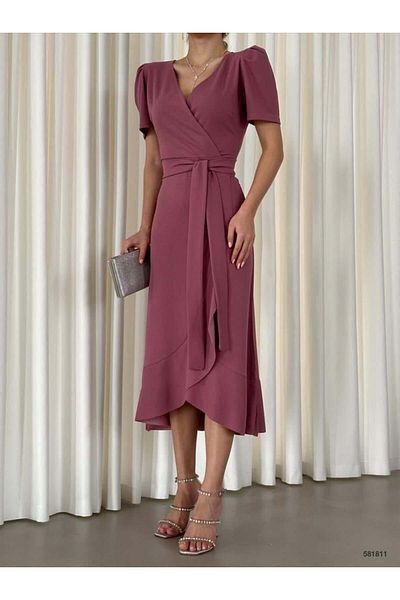 Modafeminen Kruvaze Collar Short Sleeve Volanli Belt Midi Dress Dry Rose 581811