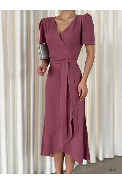Modafeminen Kruvaze Collar Short Sleeve Volanli Belt Midi Dress Dry Rose 581811