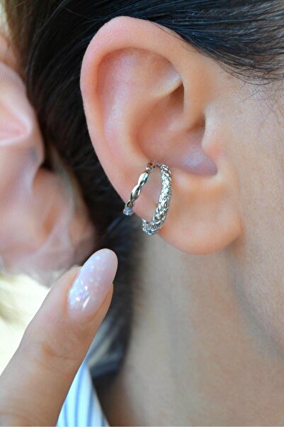 Sacce Scarves&Accessories İki Sıralı Earcuff | Deliksiz Antik Kıkırdak Küpesi | Rodyum Kaplama Şık Model