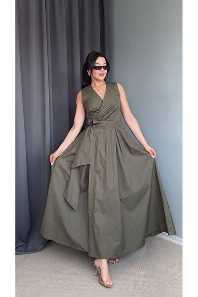 Hotfashion BELİ BAĞLAMALI KRUVAZE SIFIR KOLLU ELBİSE